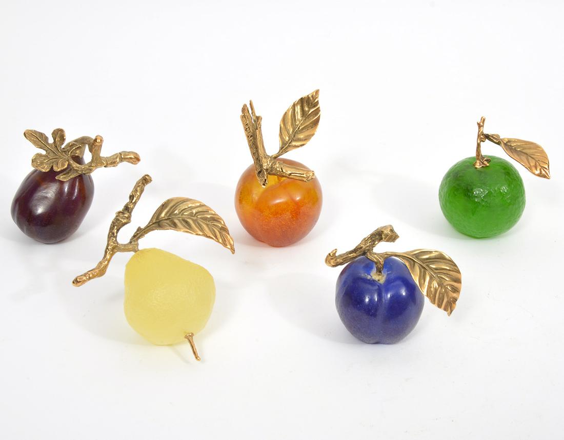 Group of 5 Daum Pate-de-Verre Pieces of Fruit: Group of five Daum pate-de-verre glass fruits with gilt metal stems and leaves. Each signed "Daum France" underside. 2.5"H x 2.75"W. Condition report: Good condition, no issues, please examine all pho