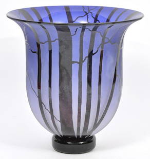 Bernard Katz Purple Vessel Art Glass Bowl: Bernard Katz art glass bowl, features purple gradient frosted, etched birch trees pattern. Signed at base. Measures 11.25"H x 11"W. Condition report: Good condition, no issues, please examine all phot