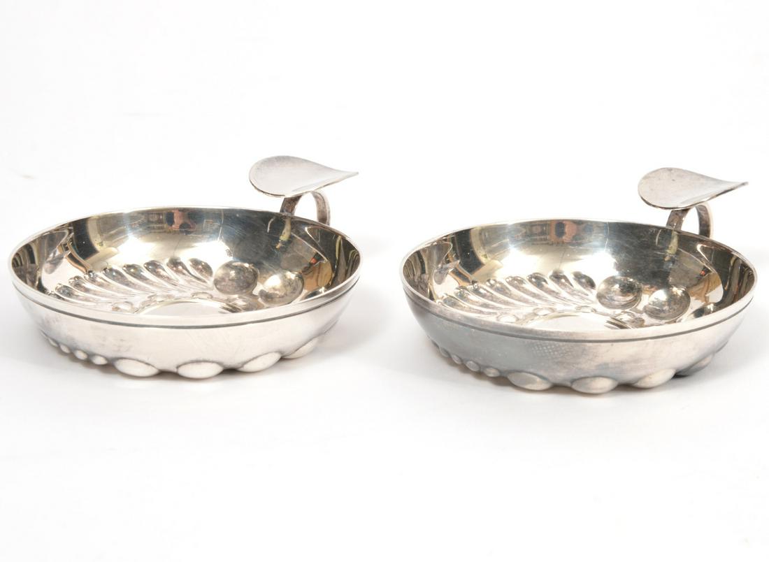 Pr. Christofle French Silver Wine Tasters: Pair of Christofle French Sommelier silver wine tasting cups marked on underside of handle. Measures 4 1/8"L x 3 1/8"W x 1"H. Condition report: good condition, no issues, please see photos. Please exa
