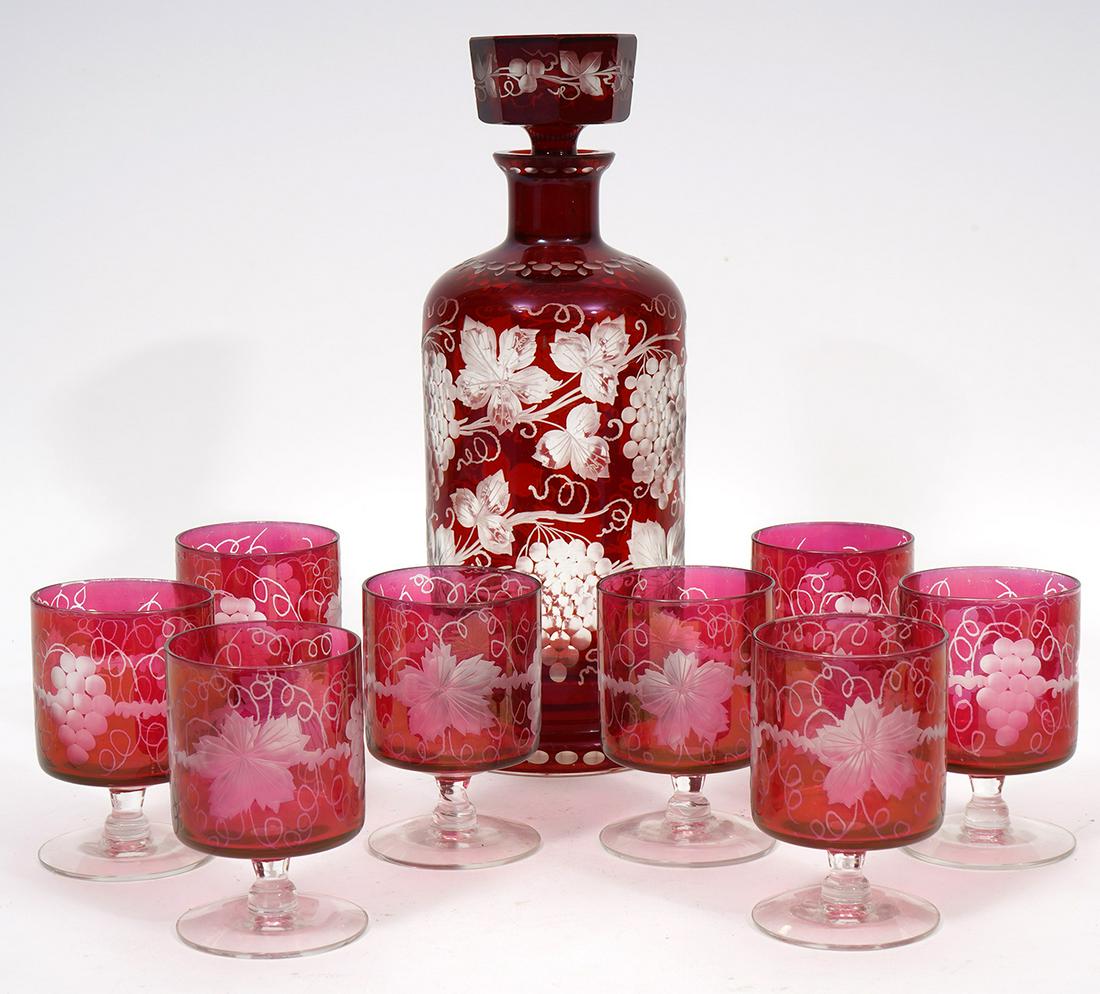 Cranberry Cut to Clear Glass Decanter & 8 Cordials (1 of 9)