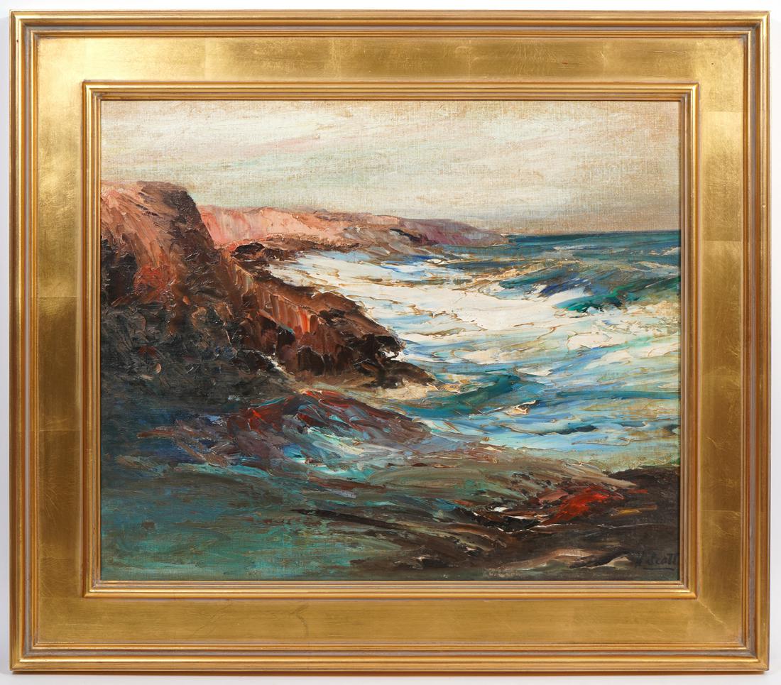 Signed H. Scott Rocky Coast Seascape Painting (1 of 9)