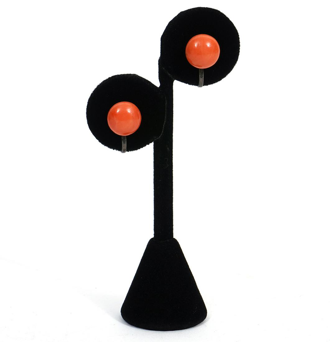 Polished Coral 800 Silver Screw-Back Earrings: Polished coral 800 silver screw-back earrings, marked on back. Coral measures 12mm wide, 17mm from top to bottom, weight 5.0g. Condition report: Common wear for age and use, please examine all photos