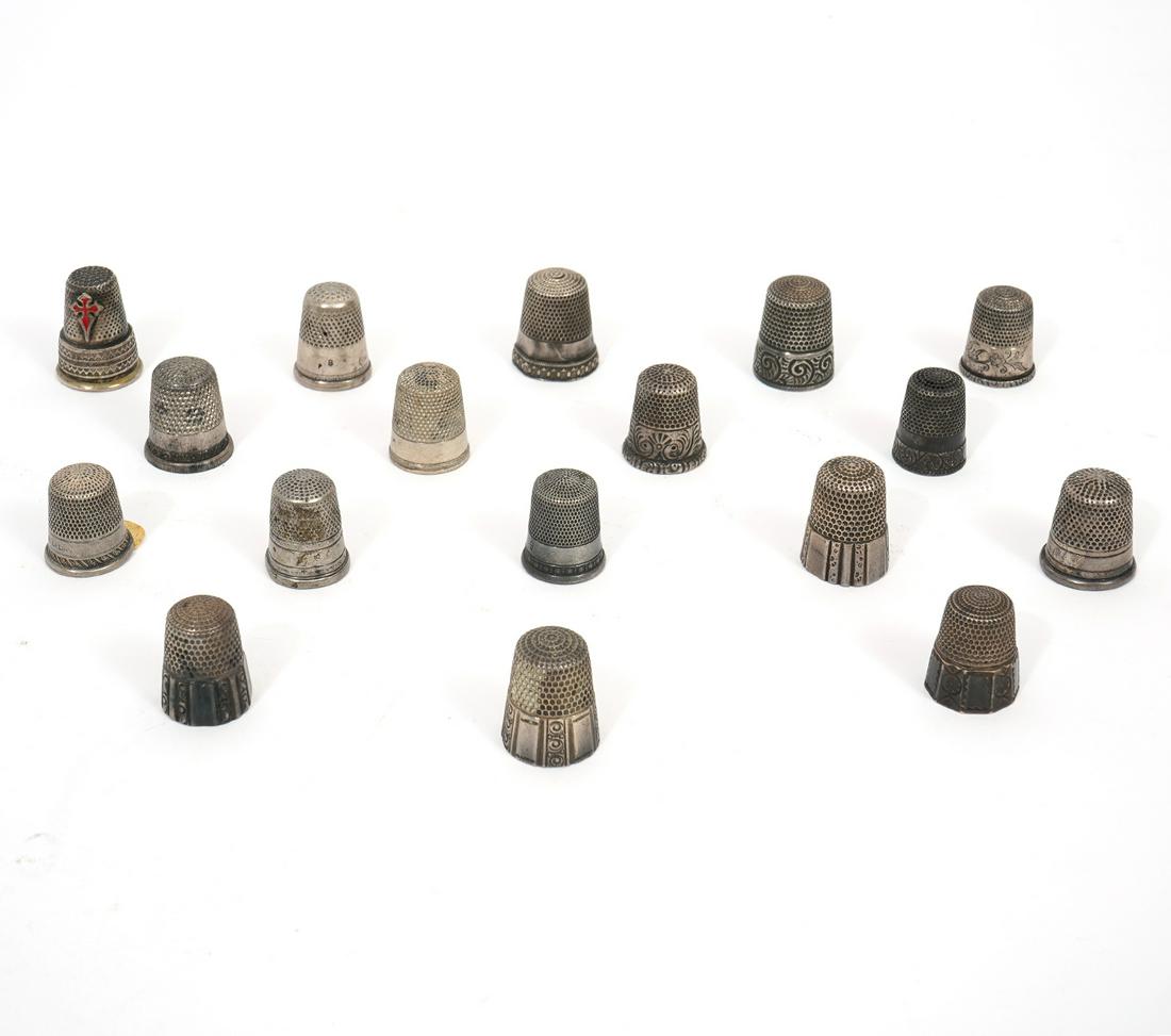 Group of 17 Sterling Silver Thimbles: Group of 17 sterling silver thimbles, each approximately 0.75" to 1" tall with various sterling hallmarks. Total weight - 77.2g. Condition report: Good condition, no issues, please examine all photos 