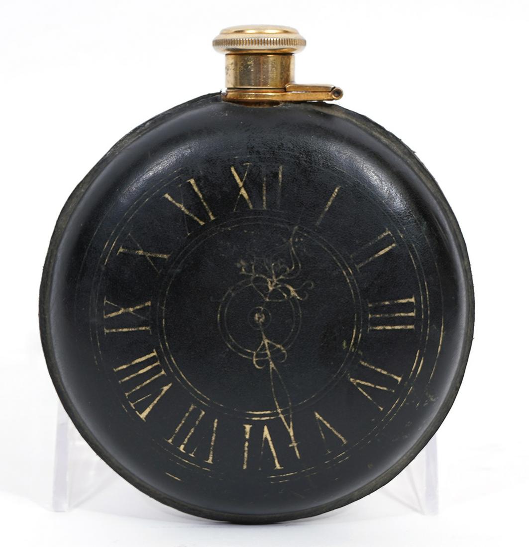 German Tin-Lined 6oz Leather Clock Face Flask (1 of 9)