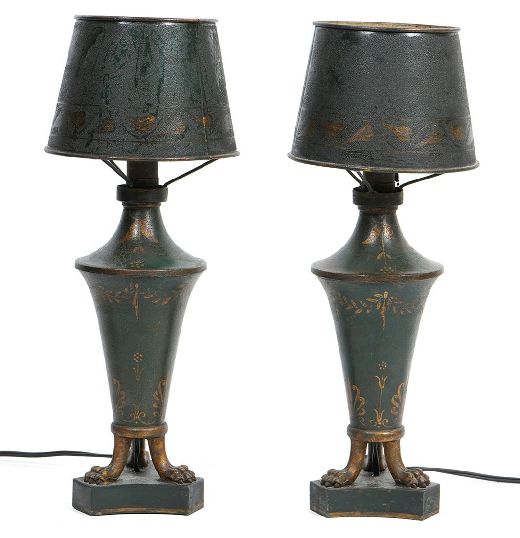 Pair of Painted Tole Claw Foot Lamps: Pair of painted tole claw foot lamps, with foliate motif, each measures 15.5"H X 4"W. Condition report: Common wear and paint loss throughout, please examine all photos closely. Contact C. Biddle Auct