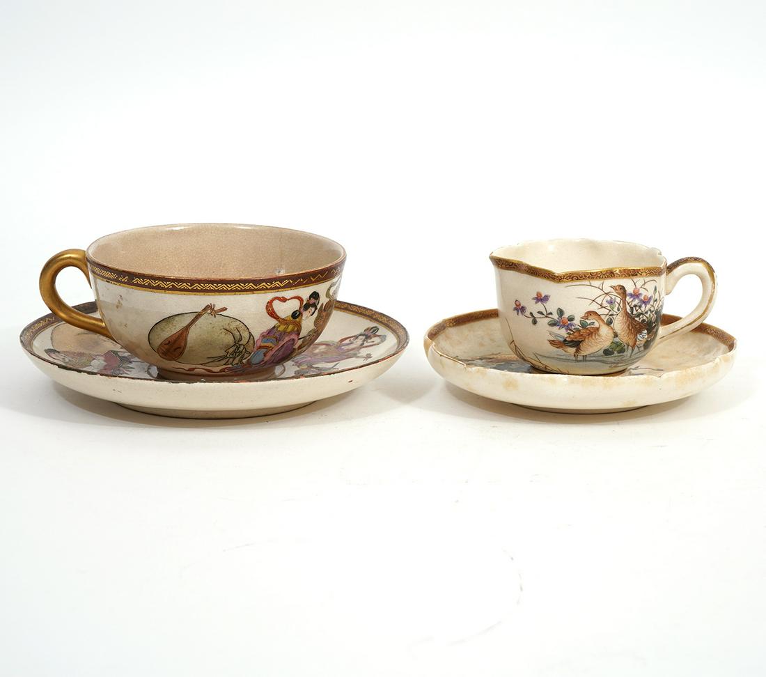 Two Japanese Satsuma Pottery Tea Cups and Saucers: Two Japanese satsuma pottery tea cups and saucers include: Figural interior scenes, measures 1.75"H x 4.5"W cup; 5.25"W saucer. Ducks among flowers, measures 1.75"H x 3.5"W; 4.25"W saucer. Both have b