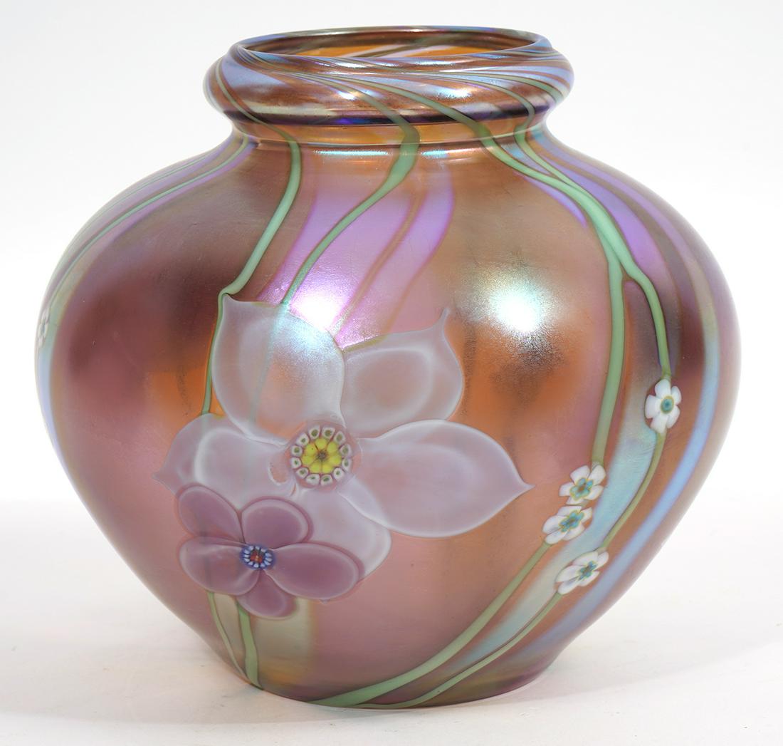 Orient & Flume Floral Art Glass Vase: Orient & Flume flower design art glass vase, signed on bottom. Measures 7.5"H x 8"W. Condition report: Good condition, no issues. Please examine all photos closely. Contact C. Biddle Auction Gallery f