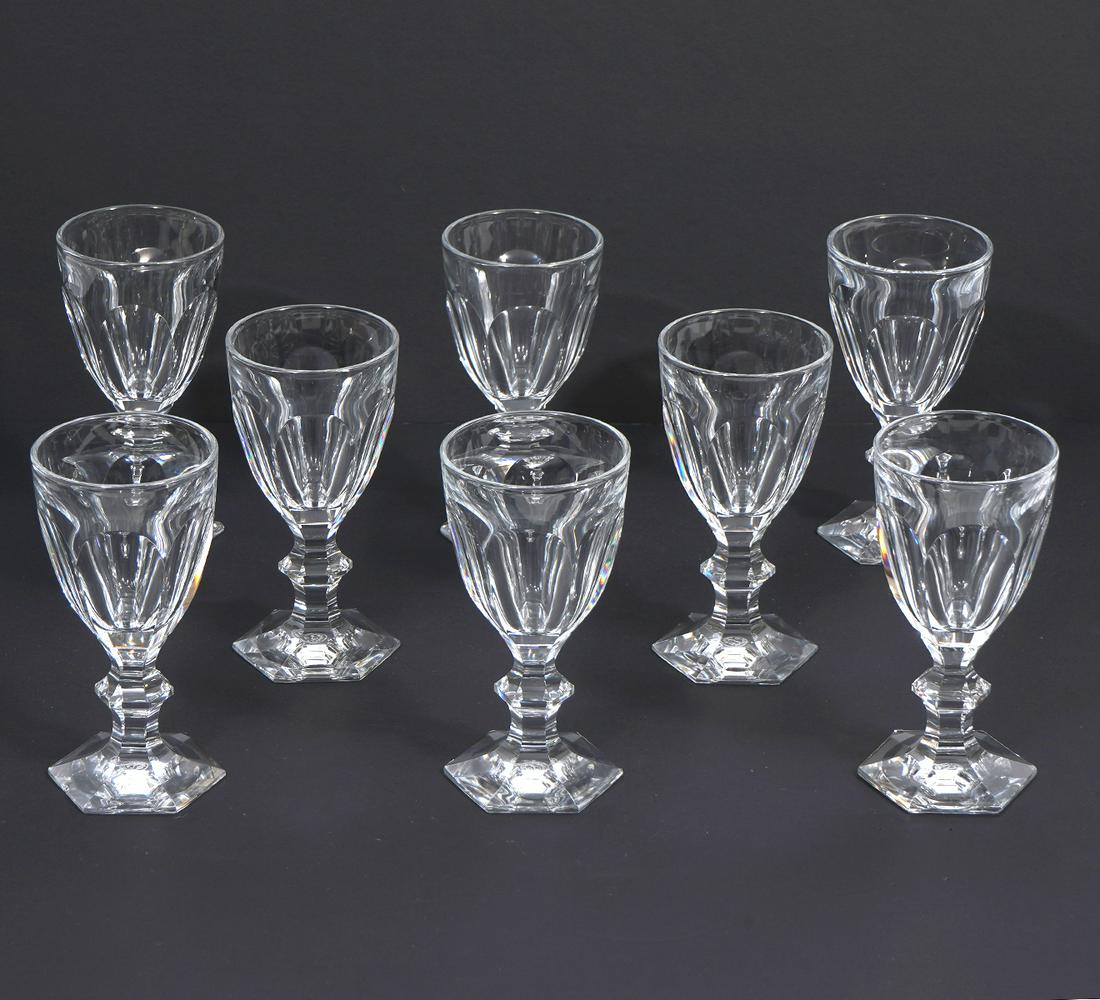 Baccarat Crystal Red Wine Glasses 8Pc: 8Pc Baccarat Harcourt Red wine glasses, cut-out panel , multi sided foot, measures 5.3" x 2". Condition report: Good condition, no issues, please examine all photos closely. Contact C. Biddle Auction 