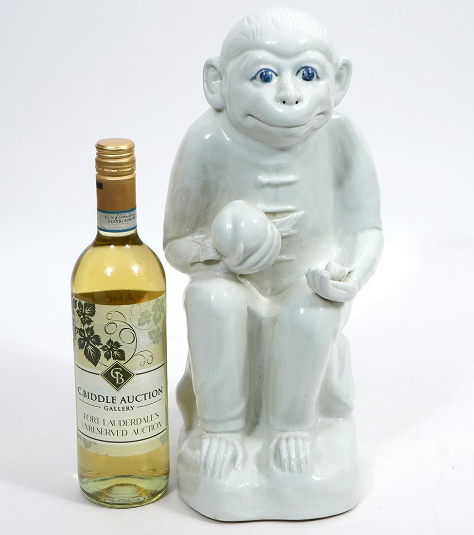 Chinese Blanc-de-Chine Monkey Figure Signed: Chinese blanc-de-chine seated monkey holding fruit, square character mark underside. Measures 6.5"L x 5.5"W x x 15.5"H. Condition report: Good condition, no issues, please examine all photos closely. 