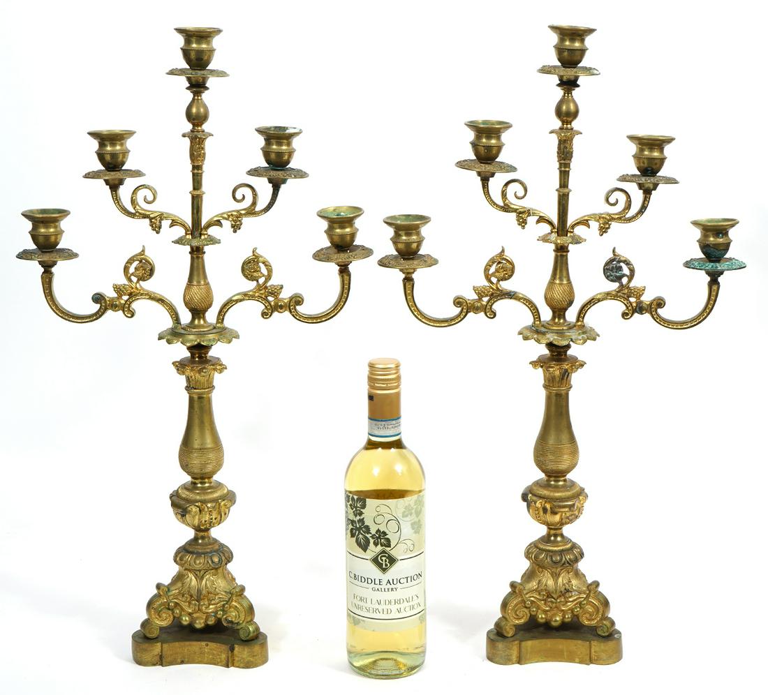 Pr. Antique 5 Candle 3 Arm Brass Candelabras (1 of 9)