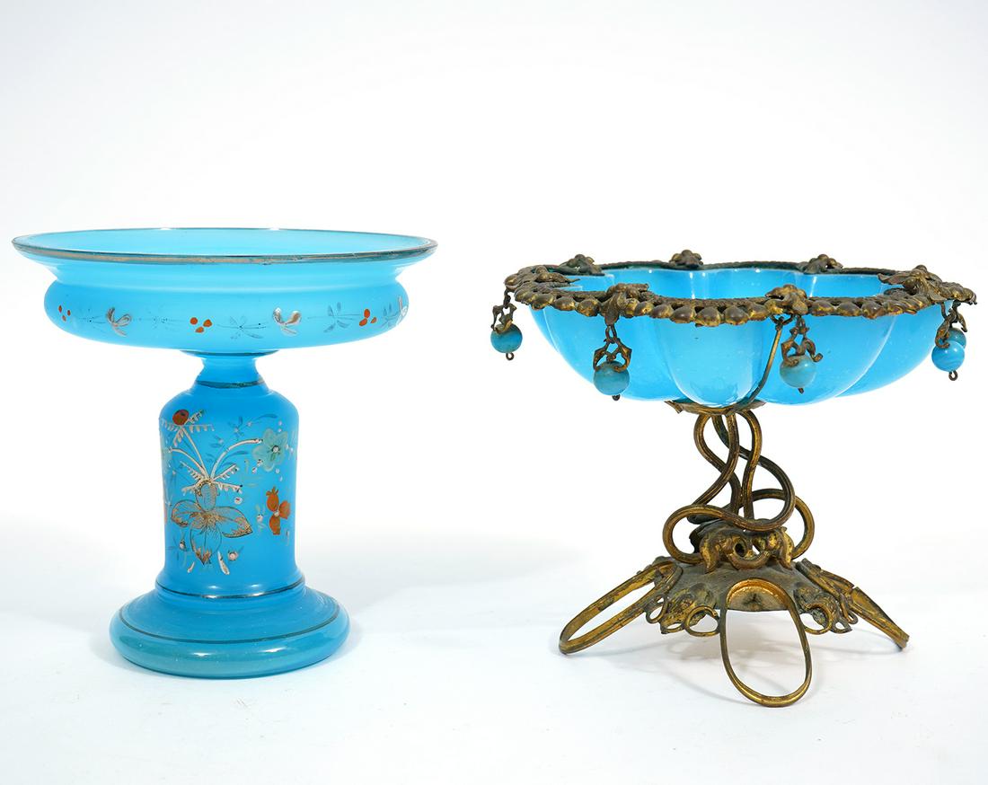 2 French Blue Opaline Glass & Bronze Compotes (1 of 8)