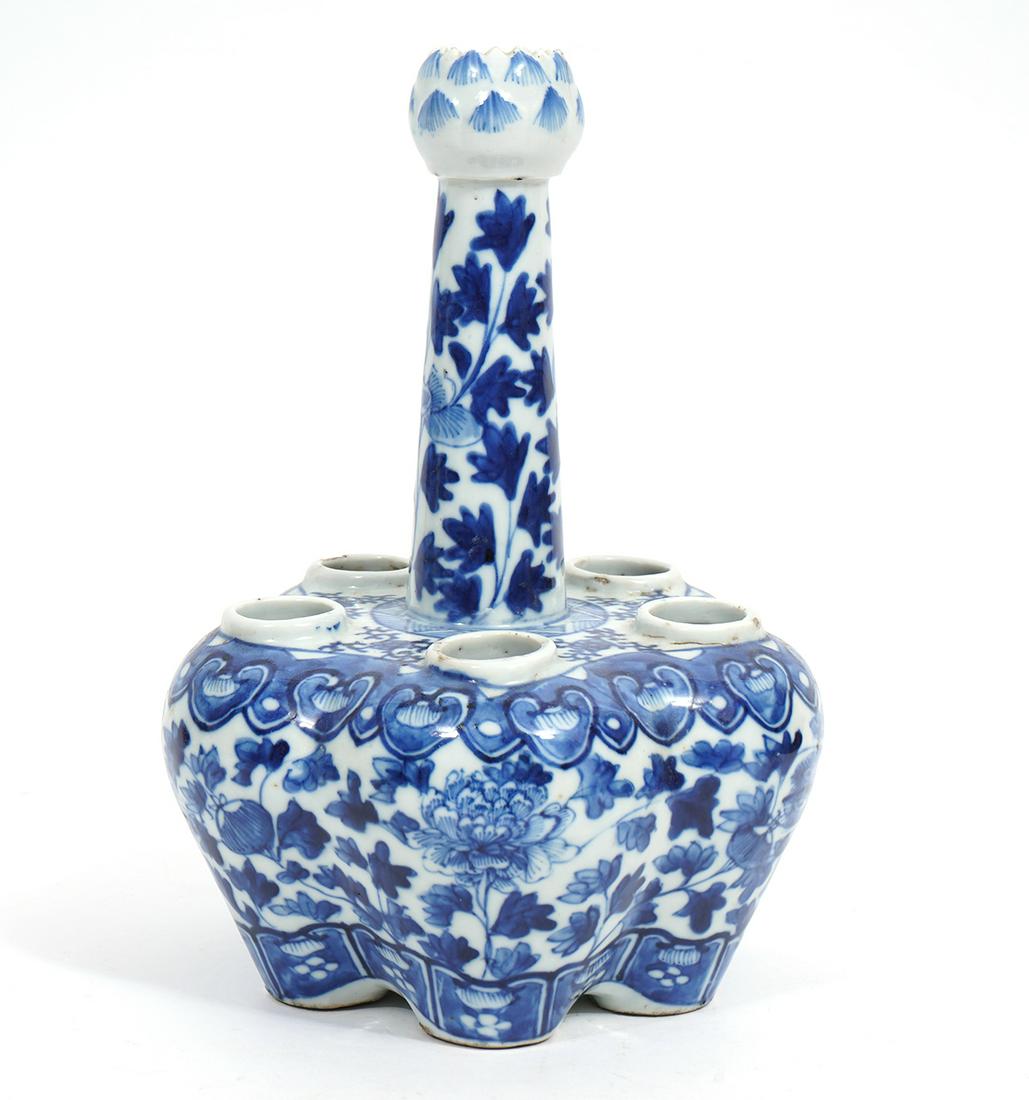 Chinese Porcelain Blue & White Tulipiere Vase: Chinese porcelain Tulipiere blue and white unmarked vase. 10" H x 7" W. Condition report: minor nicks and hairline crack around top edge. Please examine all photos closely. Contact C. Biddle Auction G