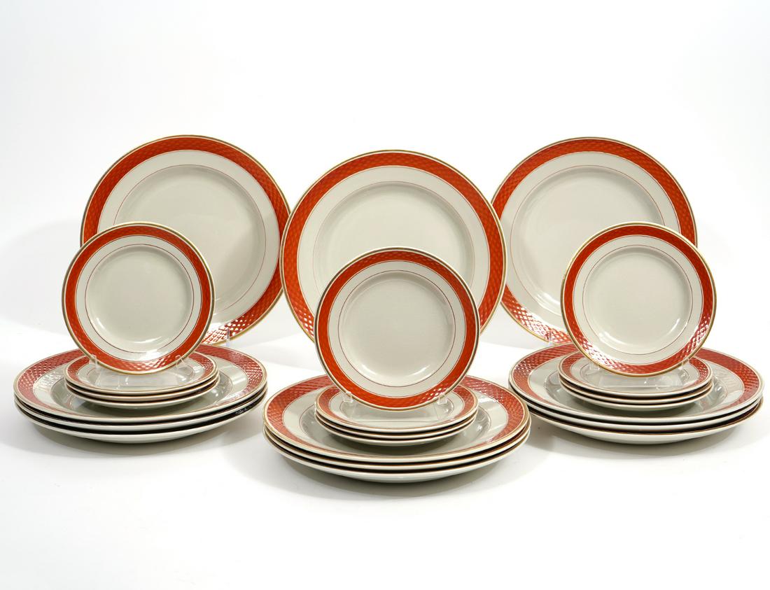 24Pc Royal Copenhagen Dinner & Dessert Plates: Royal Copenhagen Denmark Aluminia Oranje pattern, 12 dinner plates (10"W) & 12 dessert (6"). Condition report: Very minor surface cracks to glaze throughout, Please examine all photos closely. Contact