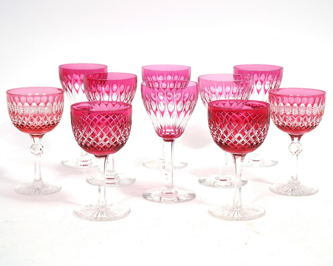 10 Cranberry Cut to Clear Wine Glasses: 10 cranberry cut to clear wine glasses includes 6 matching (5.5"H x 2.75"W); 2 matching 5"H x 2.75"W; 2 matching (5"H x 2 5/8"W). Condition report: No issues, please see all photos. Contact C. Biddle 