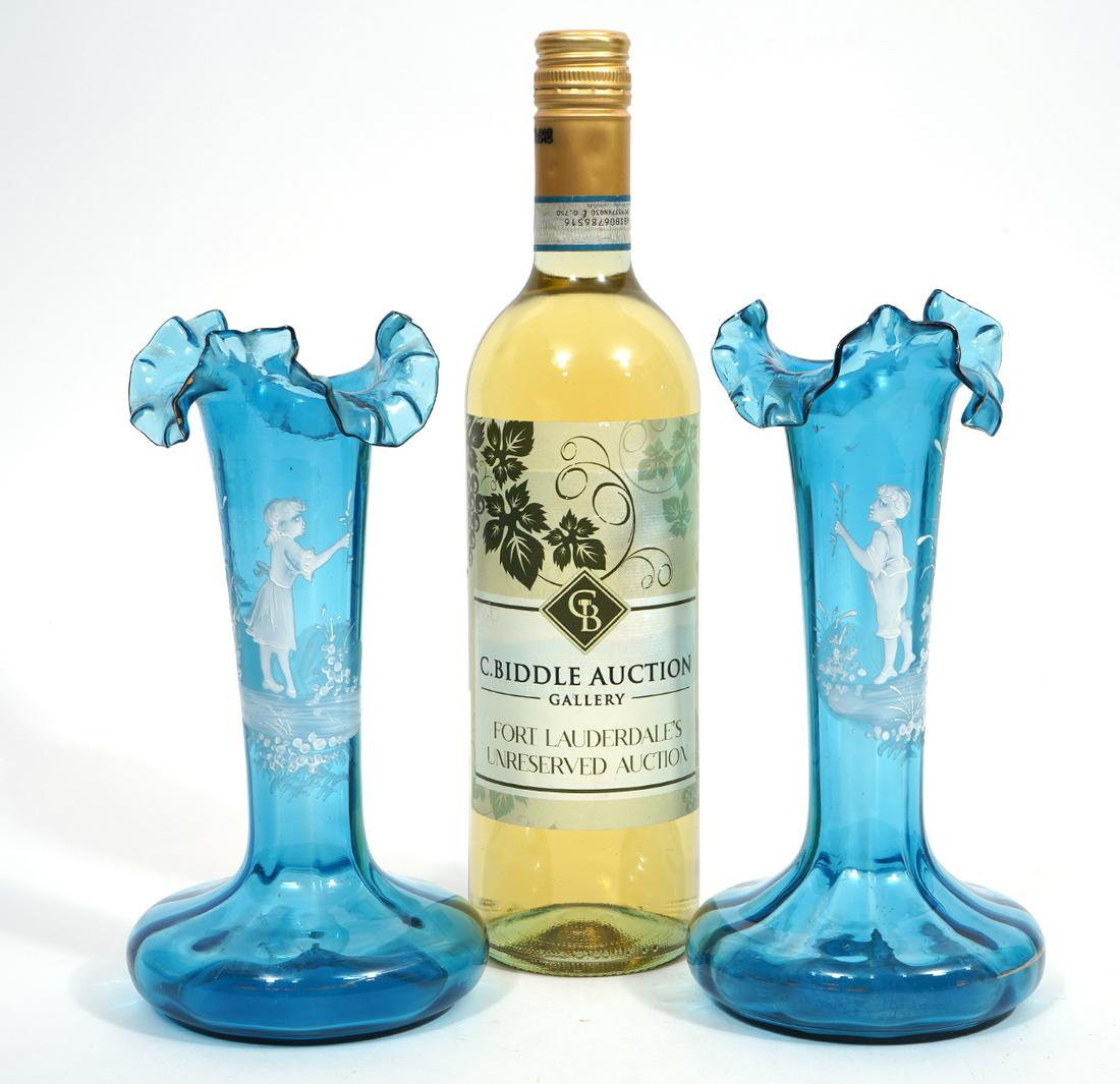 Pr. Blue Mary Gregory Hand Enameled Glass Vases (1 of 7)