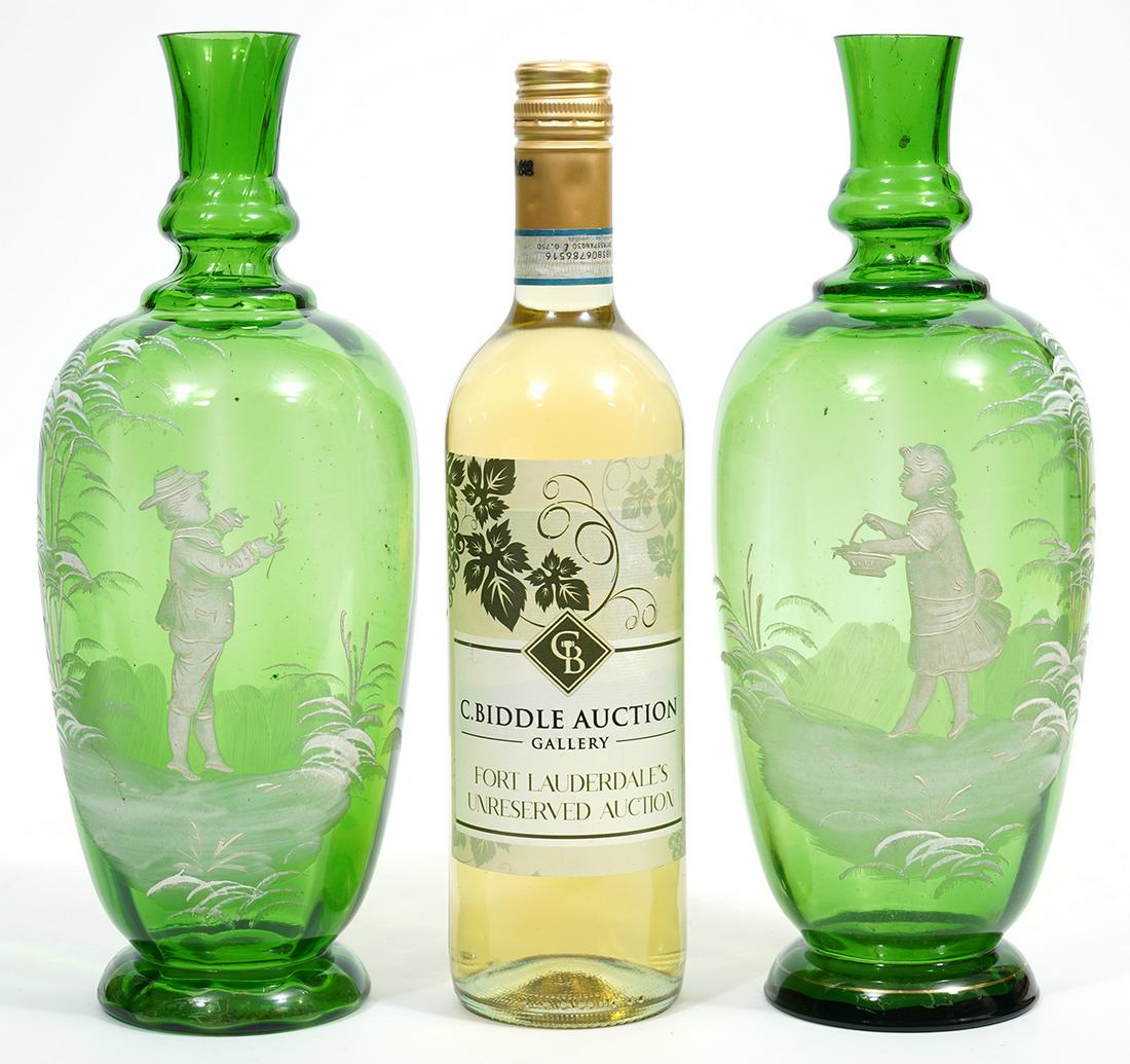 Pr. Mary Gregory Green Glass Enameled Vases (1 of 9)