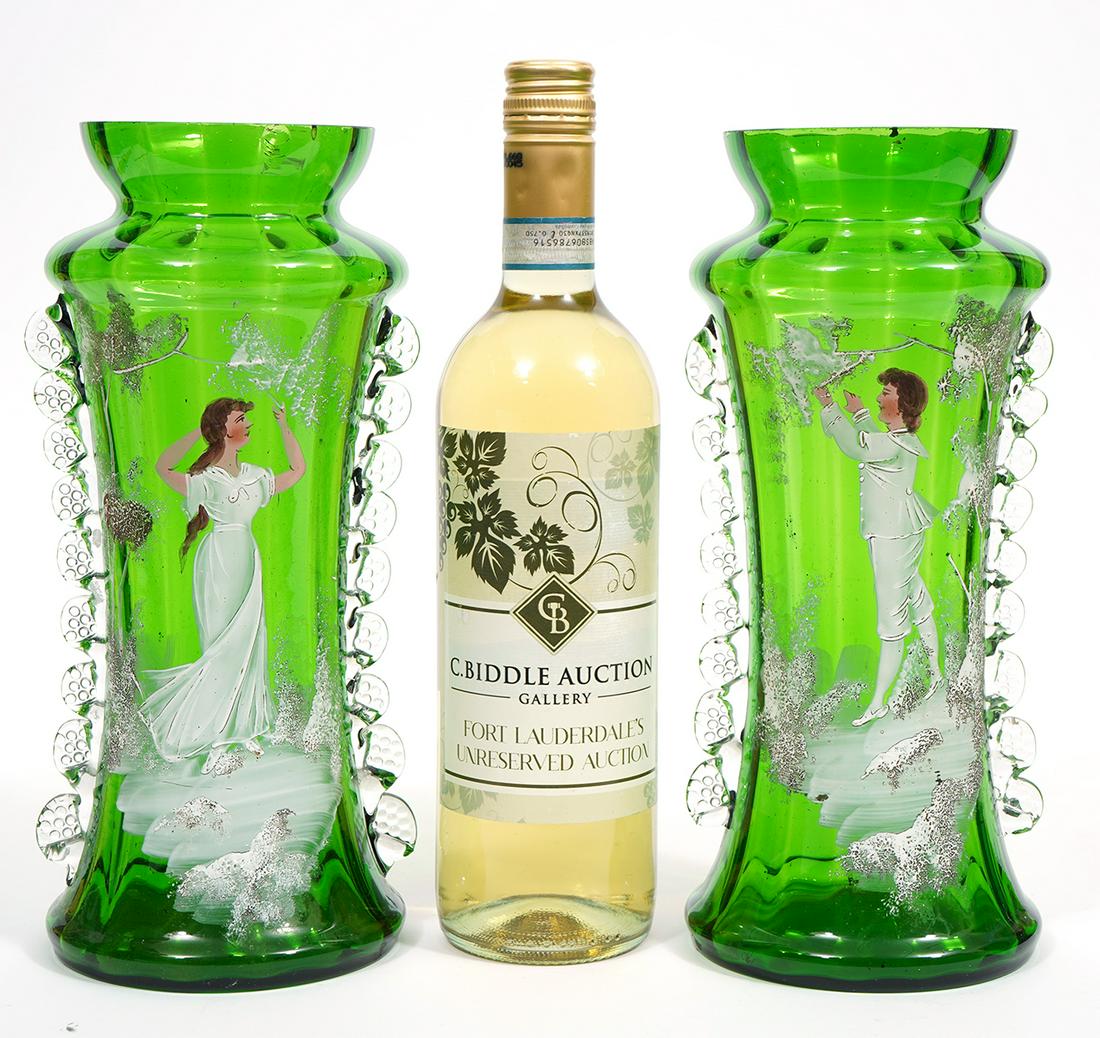 Pr. Mary Gregory Enameled Vases w/ Applied Ruffles (1 of 10)