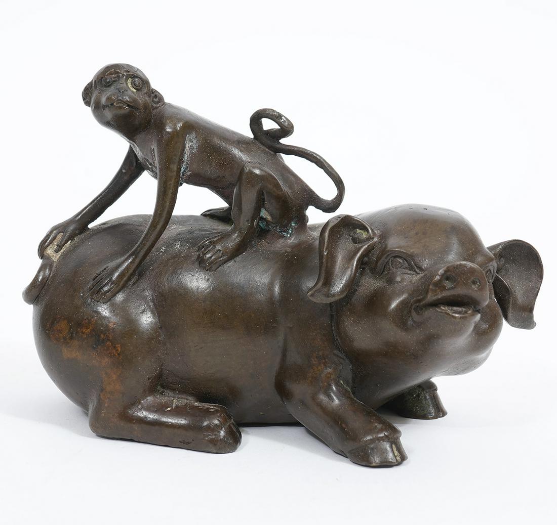 Japanese Bronze Monkey on Pig Signed (1 of 7)