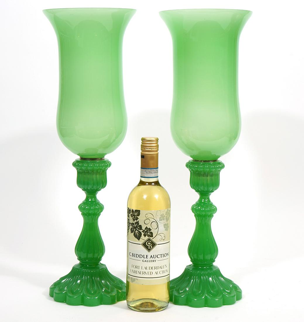 Pr. Green Jadeite Candlesticks & Hurricane Shades (1 of 9)