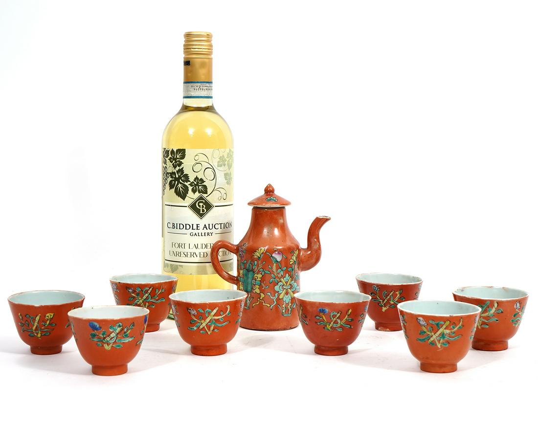 Chinese Painted Orange Floral Tea Set 9 Pc (1 of 11)
