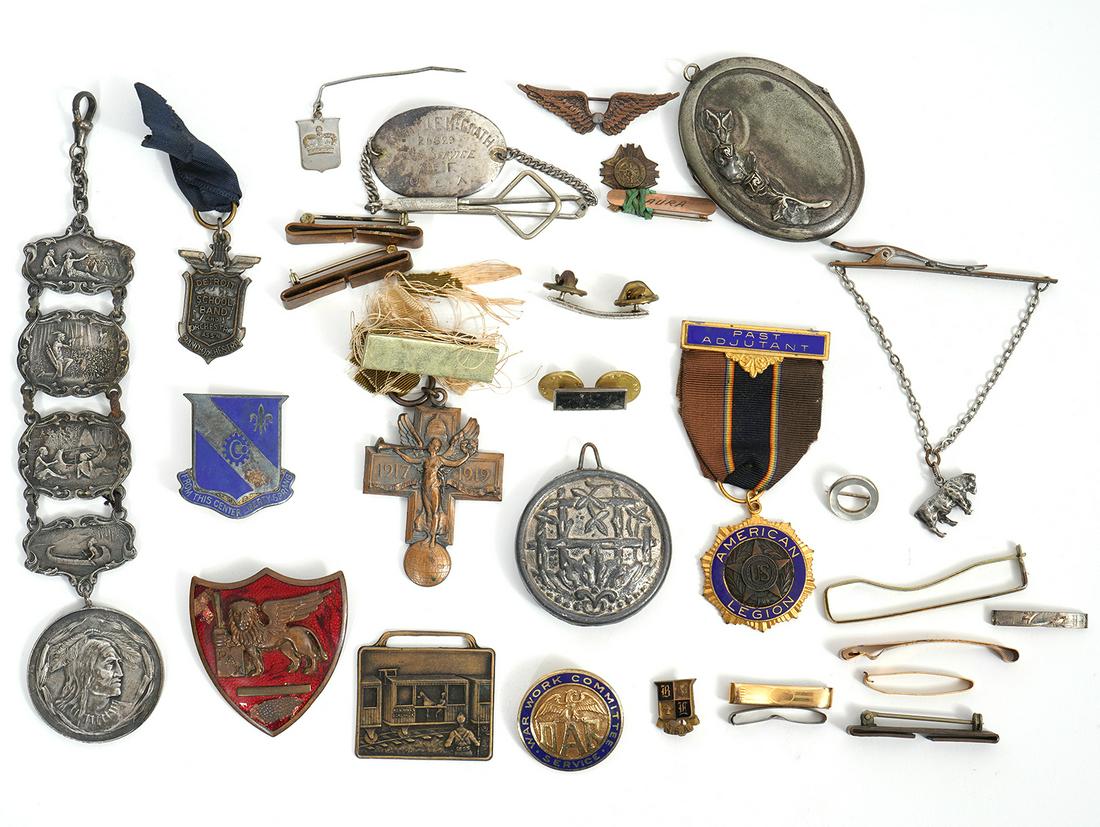 Lot of Various Medals, Badges and Pins: Mixed lot of various medals, badges, pins, tie clips. Includes American Legion, VFW, Detroit school band and more. Mixed metal content. Condition report: Various wear and age, please examine all photo