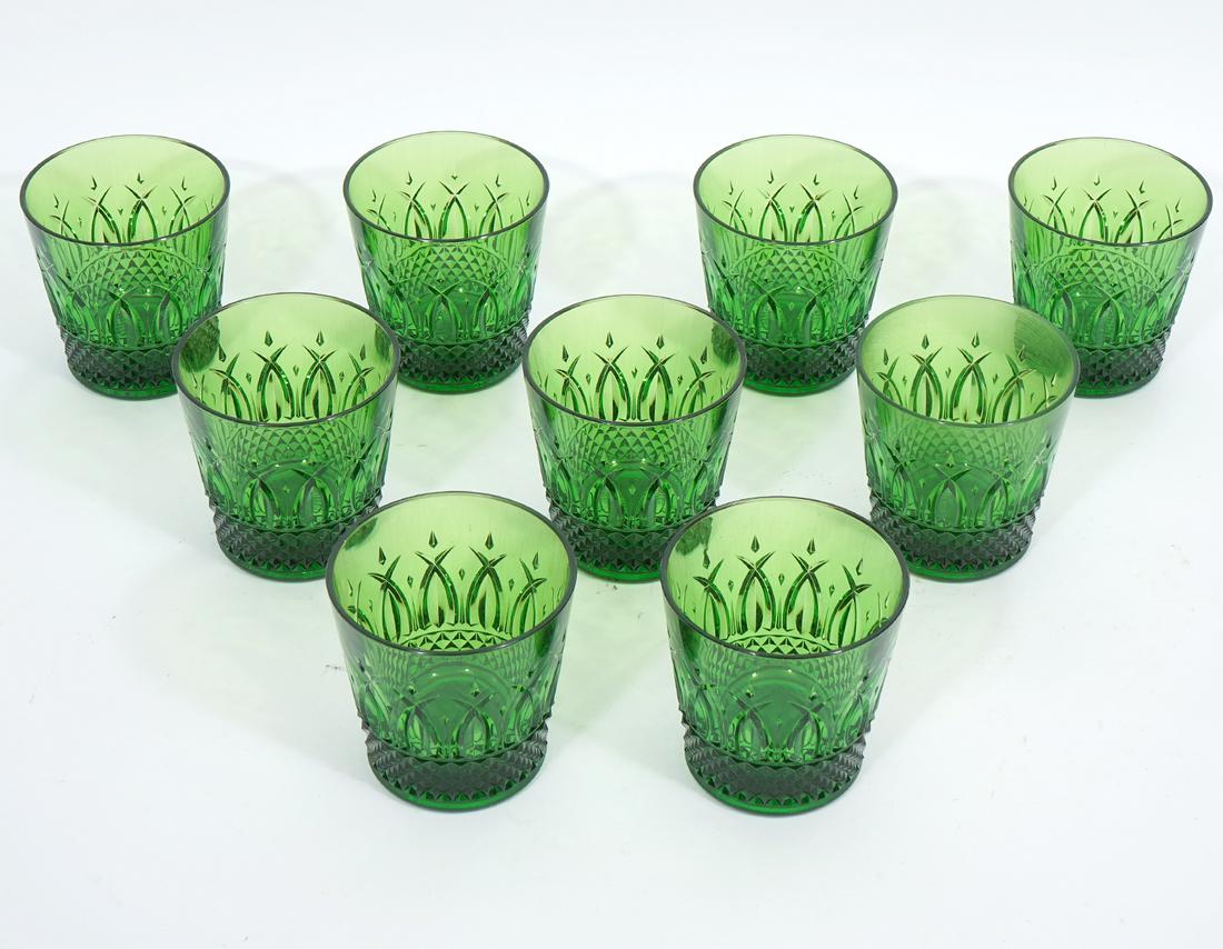 9 Italian Mario Luca Giusti Acrylic Tumblers: Set of 9 Italian Mario Luca Giusti green acrylic tumblers measures 4"L x 3.75"W. Condition report: Common wear from use, please examine all photos closely. Contact C. Biddle Auction Gallery for more d
