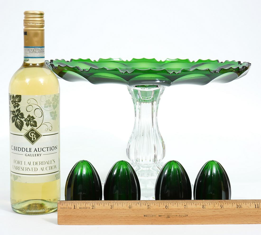 Italian Mario Luca Giusti Acrylic Plate Shakers: Italian Mario Luca Giusti green acrylic cake plate, measures 8.5"H x 13"W; Four salt and pepper shakers, measures 3"H x 2"W. Condition report: Common wear from use, please examine all photos closely. 