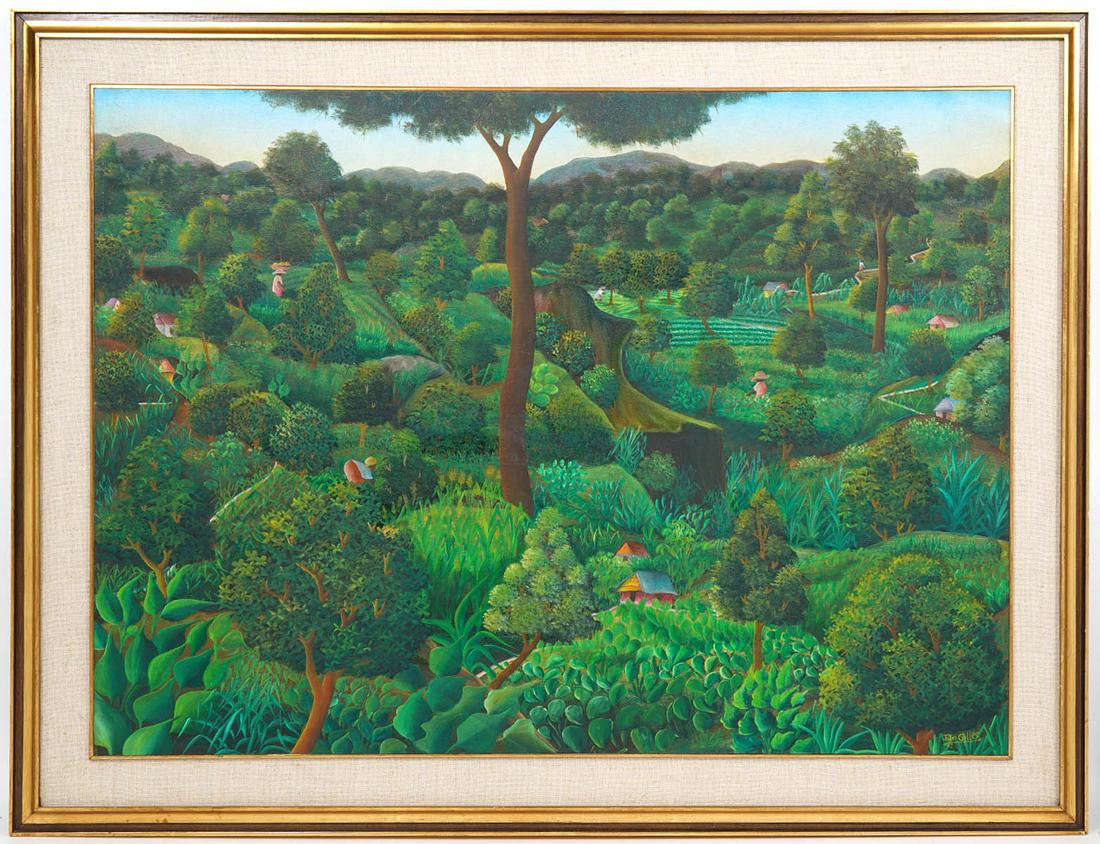 LARGE Joseph Jean-Gilles Haitian Oil Painting: Joseph Jean-Gilles (Haitian Born 1943). Signed bottom right. Oil on Canvas. 30" H x 40" W, framed 36.5" x 47". Condition report: good condition with some wear to frame. Contact C. Biddle Auction Galle