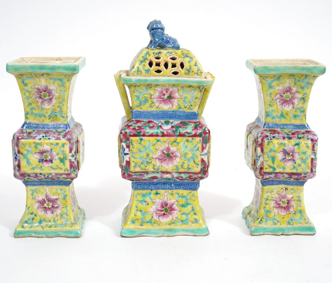 Chinese Famille Rose Urn & Candle Holders (1 of 10)
