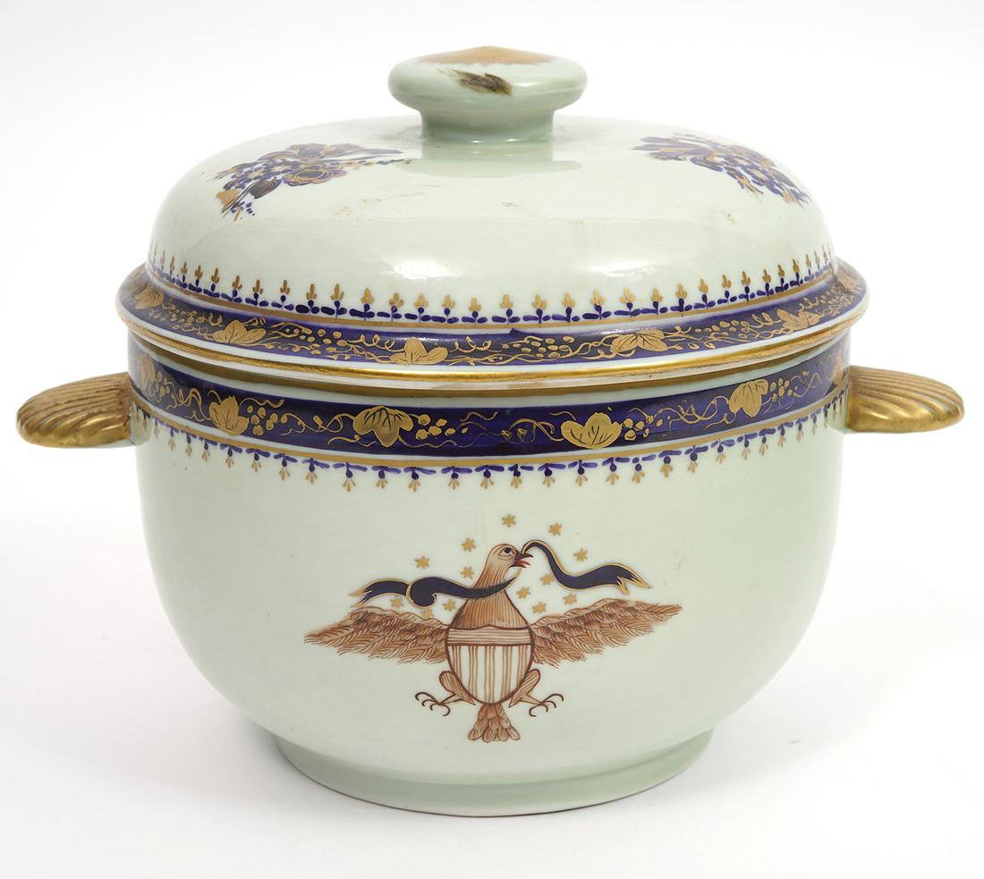 Mottahedeh Porcelain Covered Bowl Gilt Handles: Mottahedeh porcelain covered bowl with cobalt and gilt designs and gilt handles. Accented with figural gilt and cobalt eagles on 2 sides, decorative trim on rim and floral sprays on lid, marked on und