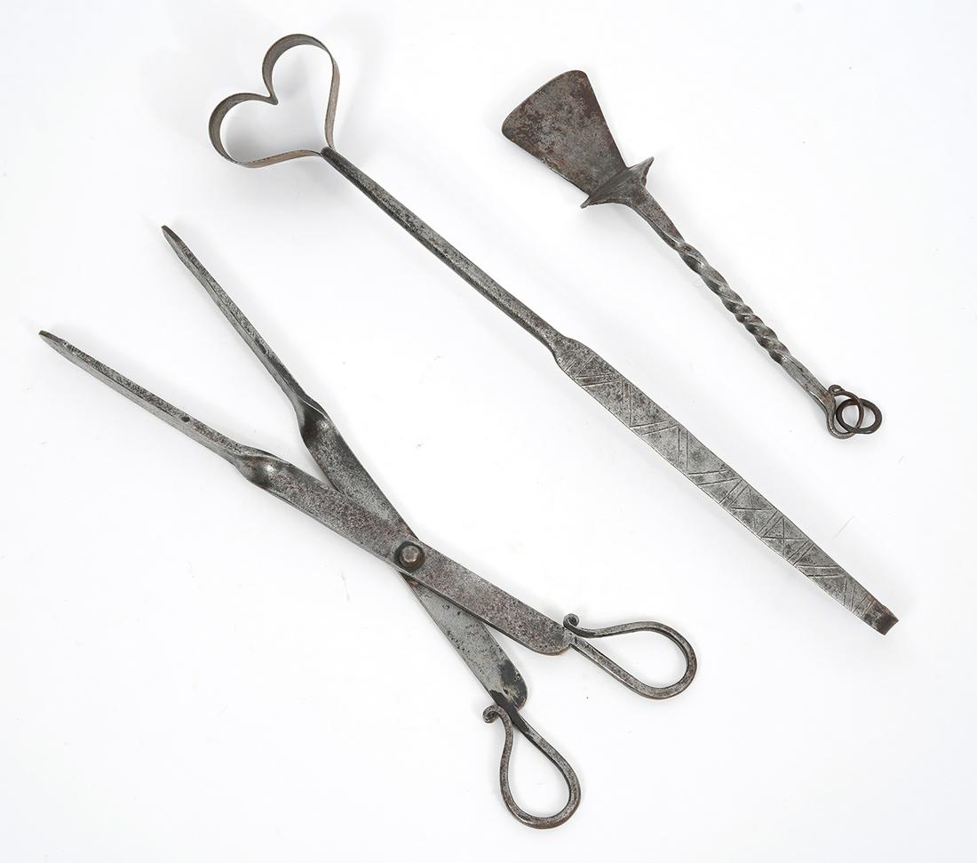 Group of Three Iron fireplace Utensils: Three hand-made iron fireplace utensils, range in size from 10" x 17"L. Condition report: Common wear for age and use, Please examine all photos closely. Contact C. Biddle Auction Gallery for more det