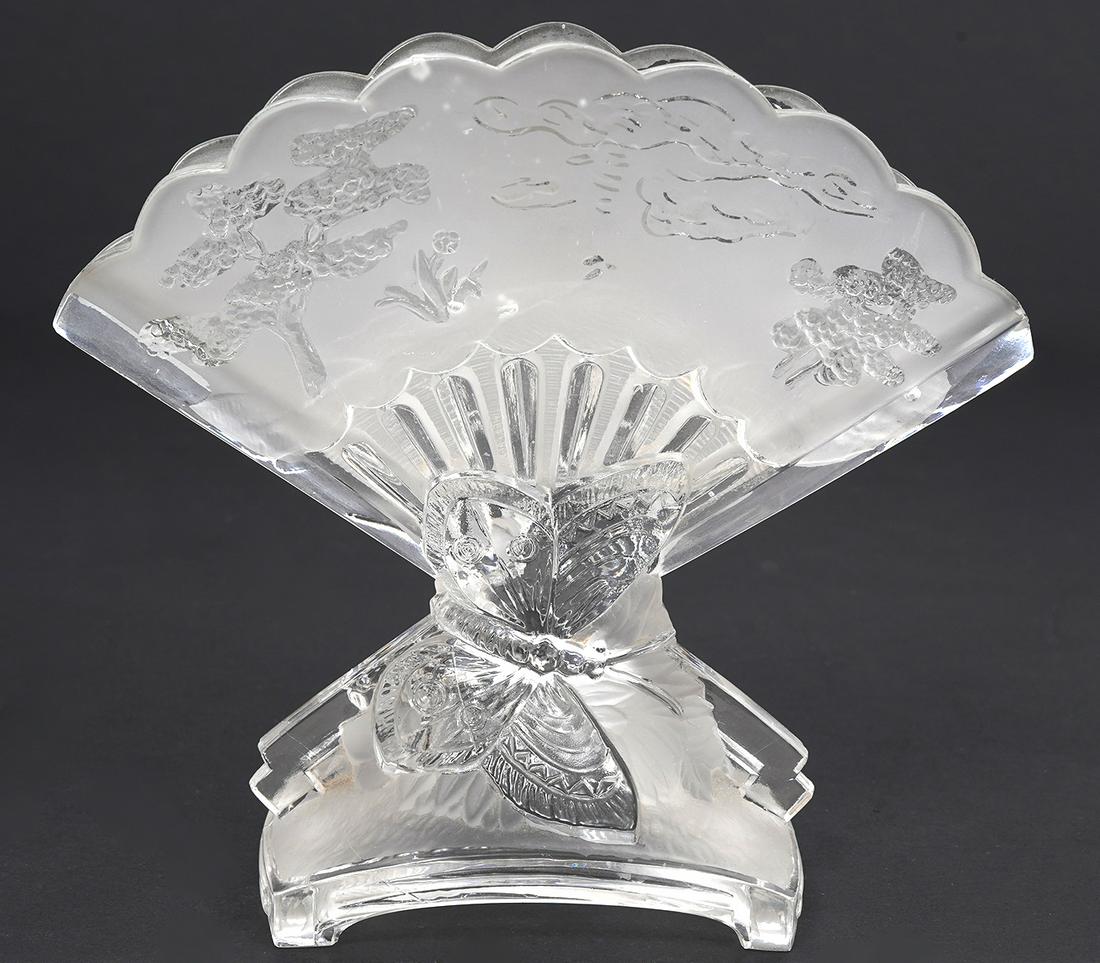 Baccarat Crystal Japanese Fan Vase: Baccarat crystal Japanese clear fan vase with butterflies and landscape scene. Marked on underside. Measures 5.25" H x 6" W x 2" D. Condition report: no chips, couple air bubbles in glass. Please see 