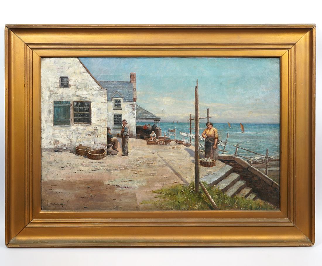 JD Taylor British Coastal Village Scene O/C: JD Taylor (late 19th Century British artist), village coastal scene, oil on canvas, signed lower left. Measurements: Visual image 19.5"H x 29.5"W, Frame 26"H x 38"W. Condition report: Chips to frame,