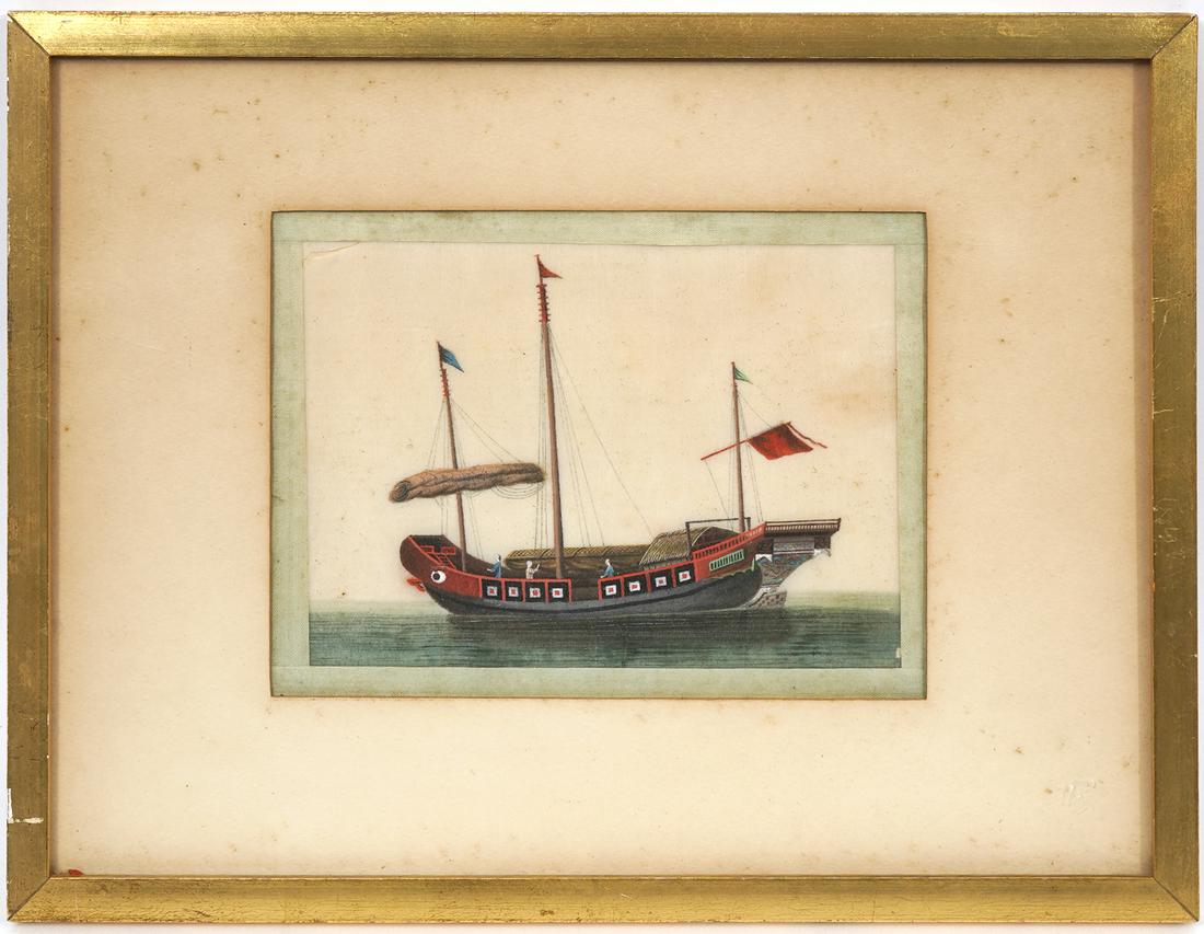 19th C. Chinese Junk Boat Gouache on Pith (1 of 7)