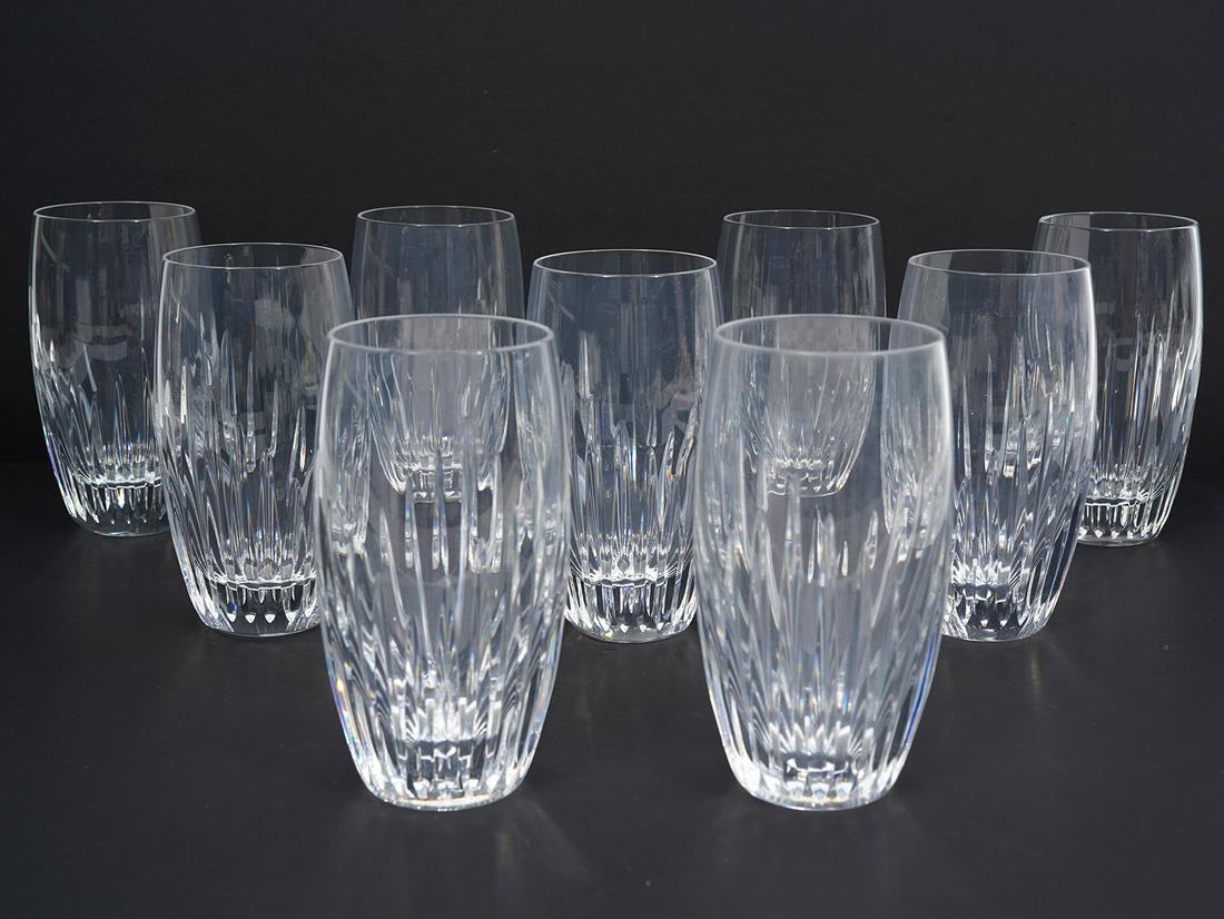 Set of 9 Baccarat Crystal Massena Highball Glasses: Baccarat 'Massena' highball glasses, pattern with side cutouts. Acid marked underside. Measures 5.5"L x 2.75"W. Condition report: Good condition, no issues, please examine all photos closely. Contact 