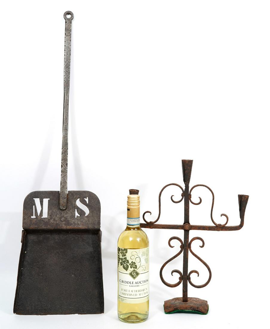 18t/19th c Wrought Iron Candelabra & Fire Place Shovel: 18/19th c., Wrought Iron Candelabra & Fire Place Shovel Lot includes: Three arm wrought iron candelabra, measures 10.75"L x 2.75"W x 14.5"H; Fireplace shovel with "M S" cutouts, measures 8.5"W x 30"L;