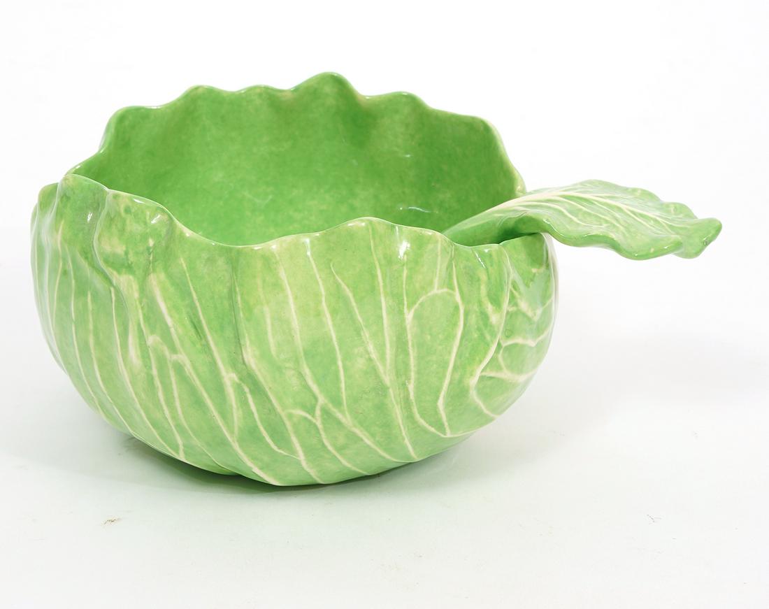 Dodie Thayer Lettuce Ware Bowl and Spoon: Dodie Thayer lettuce ware bowl marked on bottom 'Dodie Thayer'. Measures 4.75"W x 2.5"H. Confition report: good condition, please see photos. Contact C. Biddle Auction Gallery for more detailed inform