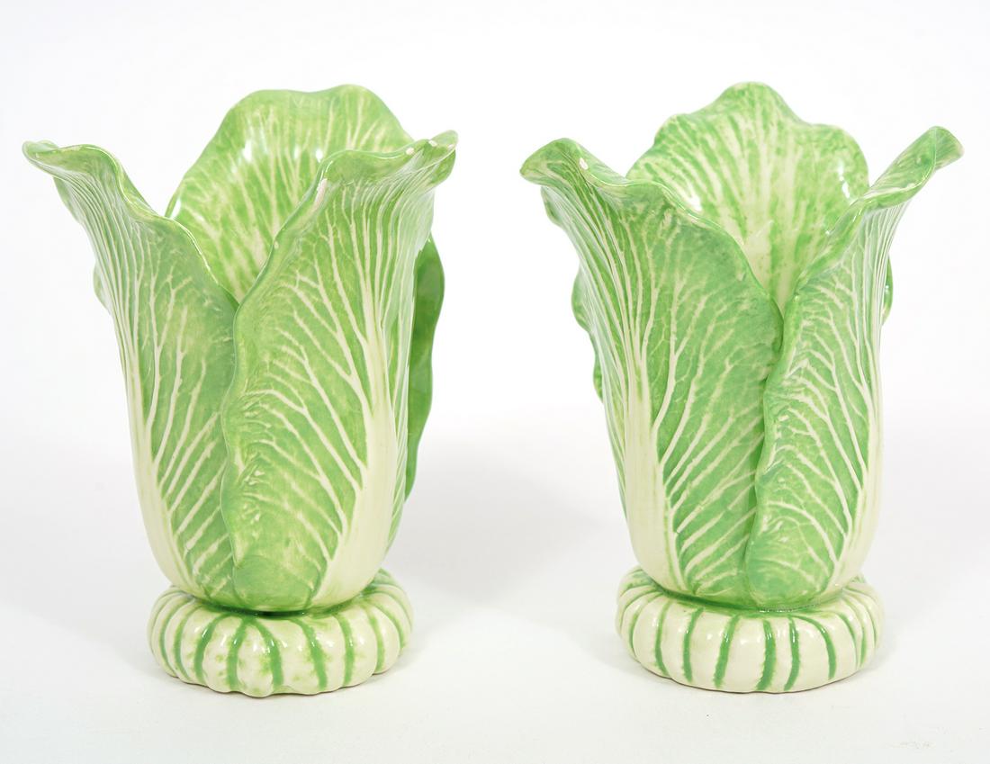 Two Dodie Thayer Lettuce Ware Candle Holders: Two Dodie Thayer lettuce ware single candle holders, signed on undersides. Measures 3"H x 2.75"W. Consition report: good condition, no issues, please see photos. Contact C. Biddle Auction Gallery for