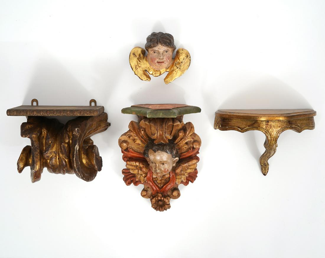 Italian Painted Carved Wood Wall Shelves: Three Italian painted carved wood wall shelves and additional cherub fragment; "Florentia" small shelf measures 8"L x 4.5"W x 5"H; Scroll-form shelf, measures 7.25"L x 5.5"W x 6"H; Cherub shelf 7.5"L 