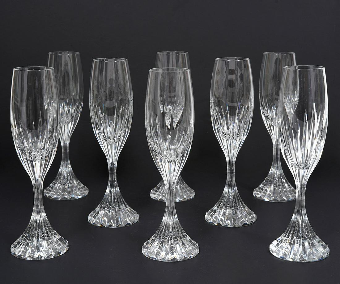 8 Baccarat 'Massena' Champagne Flutes: Set of 8 Baccarat 'Massena' champagne flutes, each measures 8.5"H x 2"W, acid etched mark underside. Condition report: Good condition, no issues, please examine all photos closely. Contact C. Biddle A