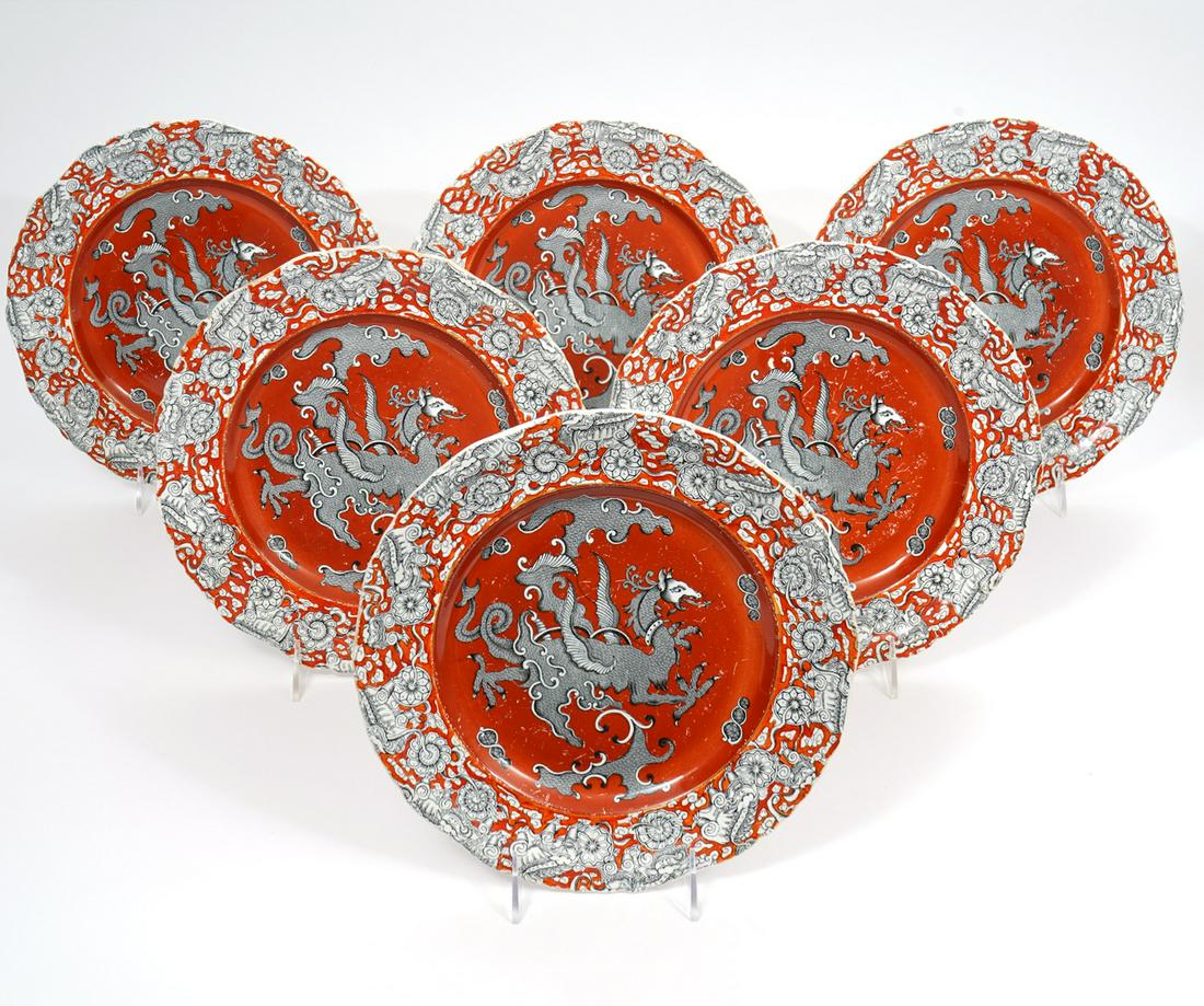 6 Mason's English Ironstone Dragon Dinner Plates: Six Mason's English Ironstone china dinner plates, decorated with black and white dragon and foo-dogs on red background. Underside hallmarked. 10.25" diameter. Condition report: Scratches, scuffs and 