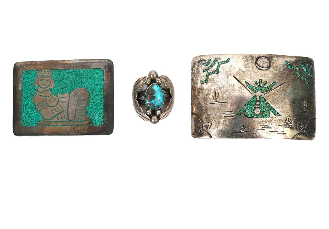 Two Hand-Crafted Turquoise Silver Buckles and Ring (1 of 8)