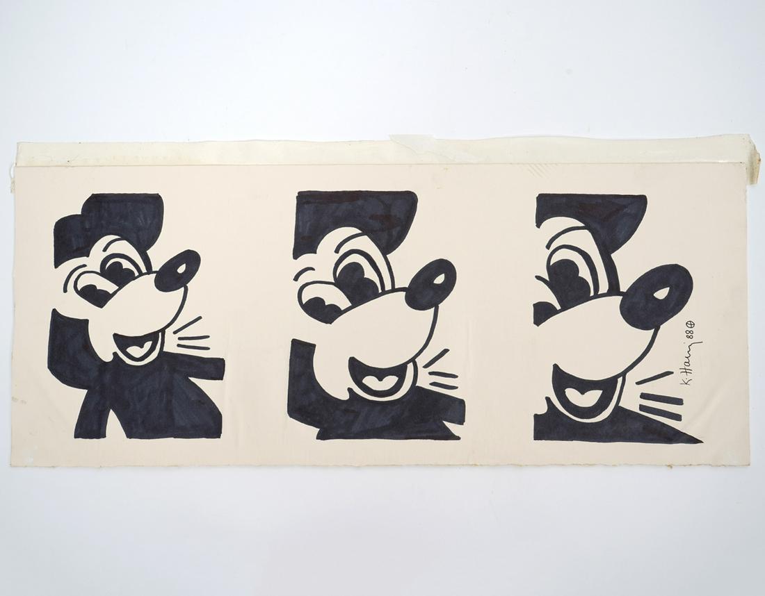 Attributed to Keith Haring Mickey Ink on Paper: Attributed to Keith Haring, ink on paper drawing of Mickey Mouse in series three illustrations. Mounted between acrylic. Measures 8"H x 19"W. Condition report: Good condition, no issues , please exami