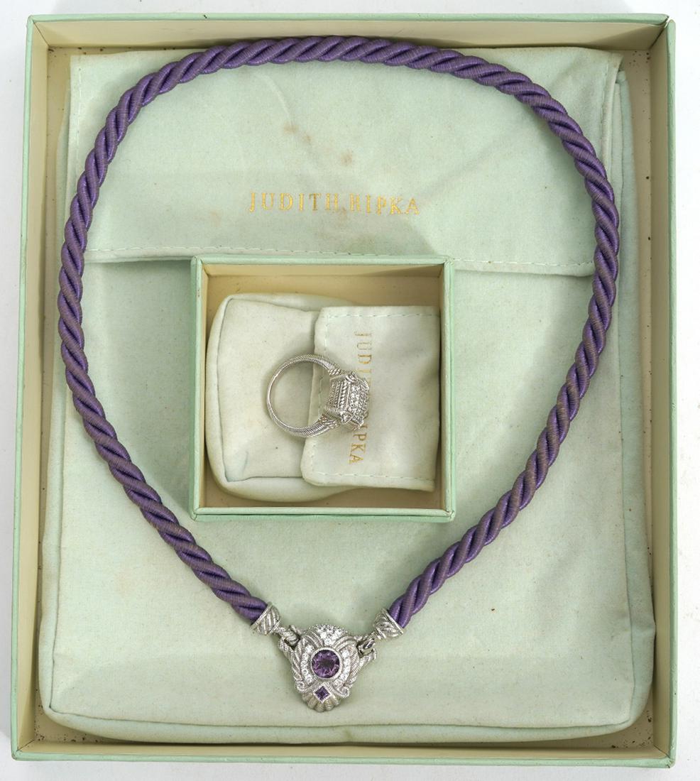Judith Ripka Designer Necklace and Ring: Includes: Sterling silver with pace CZs in a rope-style setting with hearts in corners. Size 8.25. Weight - 9.3g; Purple silk rope necklace with sterling silver pendant, amethyst in center. 10" long,