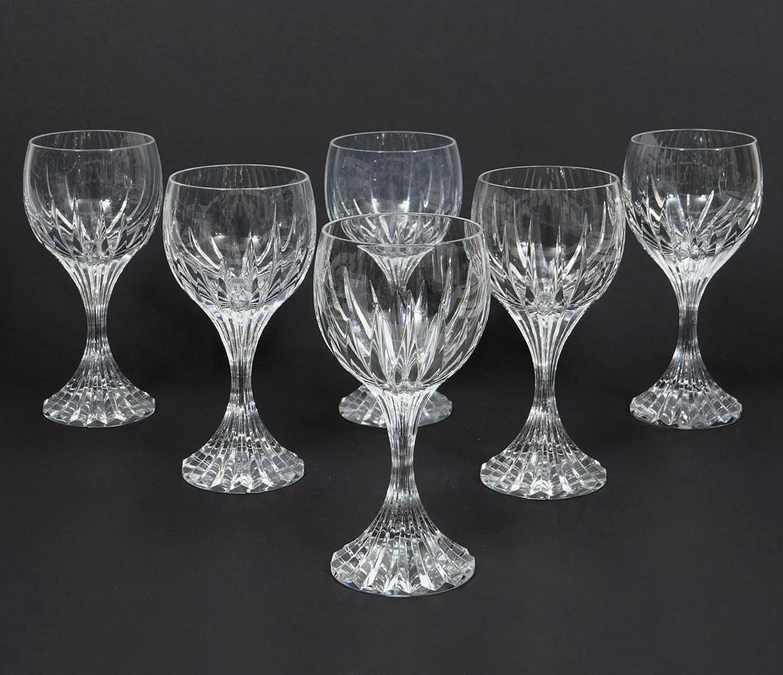 Set of 6 Baccarat 'Massena' White Wine Glasses: 6 Baccarat 'Massena' white wine glasses, each measures 7"H x 3.5"W, acid etched mark underside. Condition report: Good condition, no issues, please examine all photos closely. Contact C. Biddle Auctio