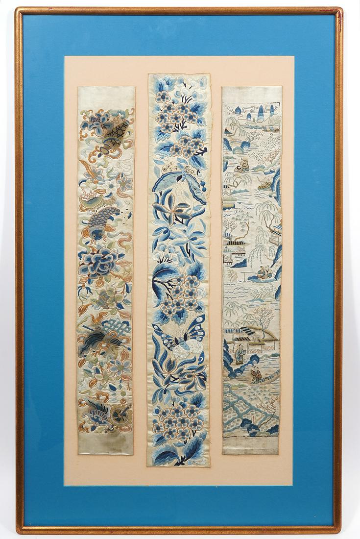 Chinese Silk Embroidery Panels Framed: Three Chinese silk embroidery panels framed, featuring floral and village scenes. Measurements: Visual image 26.5"H x 14"W; Framed 32.5"H x 20"W. Condition report: Good condition, no issues, please ex