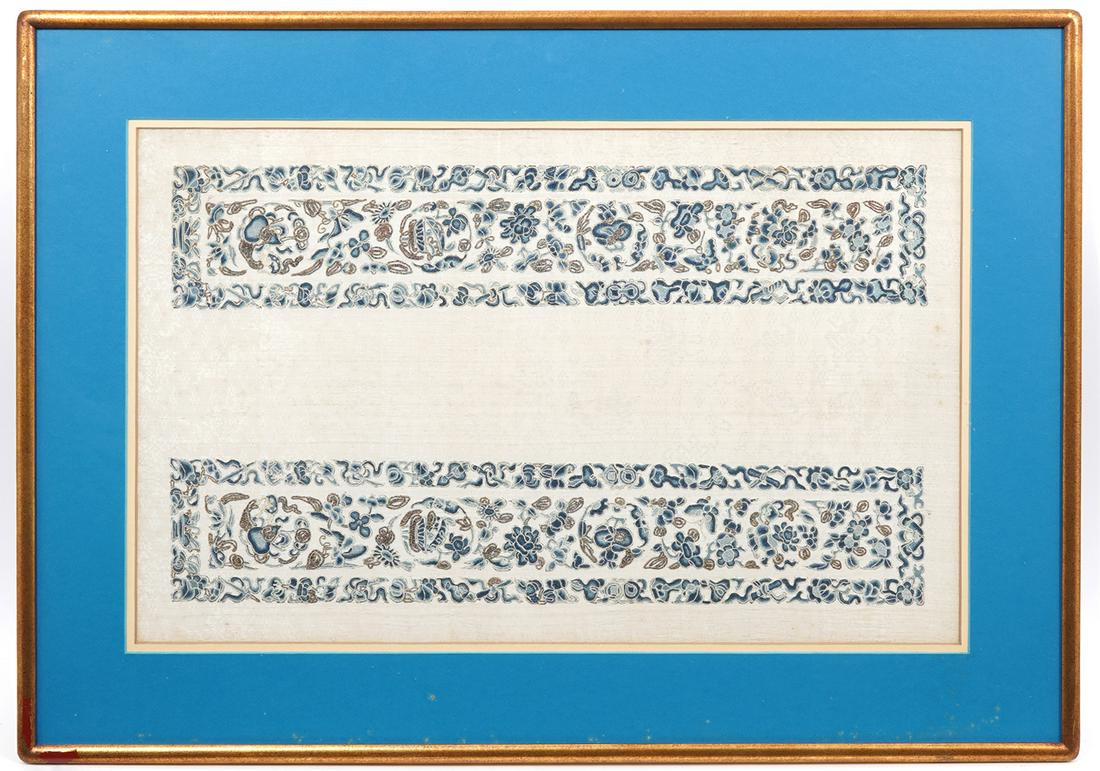 Chinese Silk Embroidery Panel Framed: Chinese silk embroidery panel framed, featuring two panels of floral patterns. Measurements: Visual image 22.5"H x 14"W; Framed 29"H x 20.5"W. Condition report: Good condition, no issues, please exami