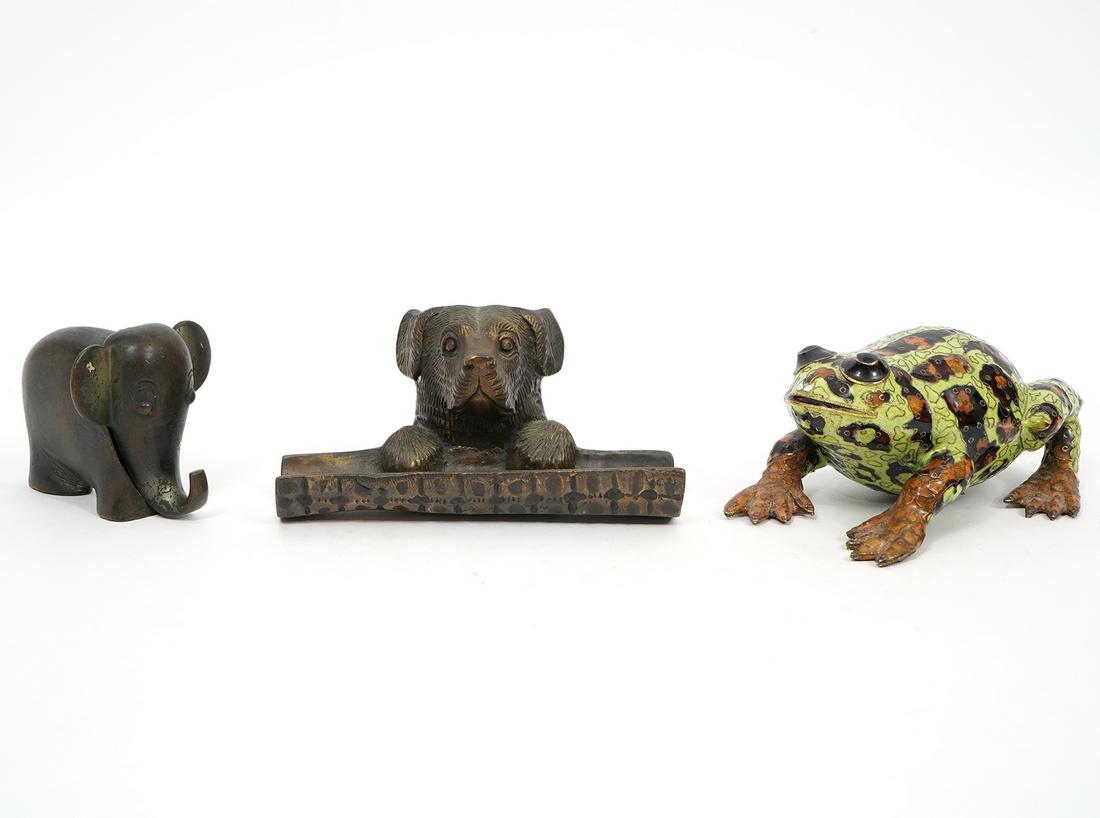 Mixed Group of Metal Animal Figures: Includes: Dog desktop pen holder, measures 6.5"L x 4"W x 3.5"H; Brass elephant key holder measures 4"L x 2.5"W x 3"H; Enamel on metal frog figure, measures 6.25"L x 5"W x 3.25"H; Condition report: Com