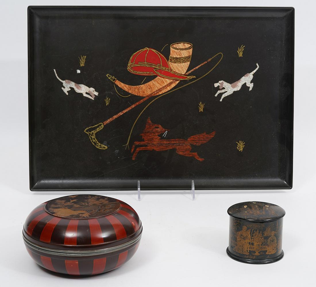 Chinese and Japanese Lacquer Boxes & Couroc Tray: Chinese and Japanese Lacquer Boxes & Couroc Tray. Includes: Japanese painted metal round trinket box, measures 3.5"H x 6.25"W; Chinese paper mache lidded box, featuring figural scenes all around. Meas