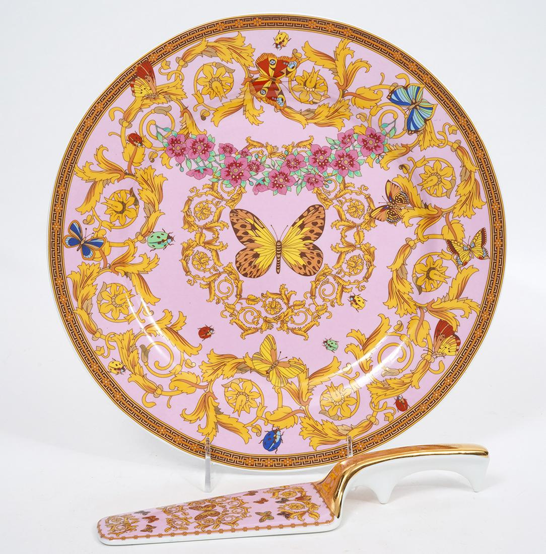 Versace Plate byxRosenthal and Cake Server: Versace "Le Jardin de" porcelain plate plate, by Rosenthal 12') and matching cake server (9.75"L x 2.5"W). Condition report: Good condition, no issues, please examine all photos closely. Contact C. Bi